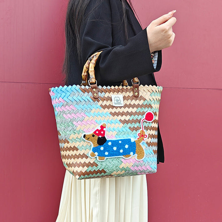 Handcrafted basket bag with colorful animal design Kalsten