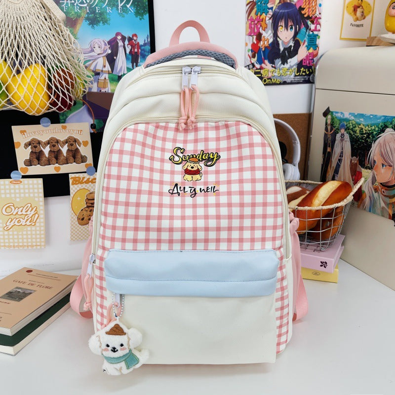 Checked Patterned Multi-Compartment School Backpack