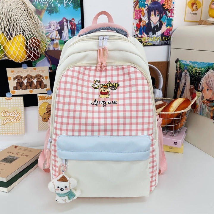 Checked Patterned Multi-Compartment School Backpack