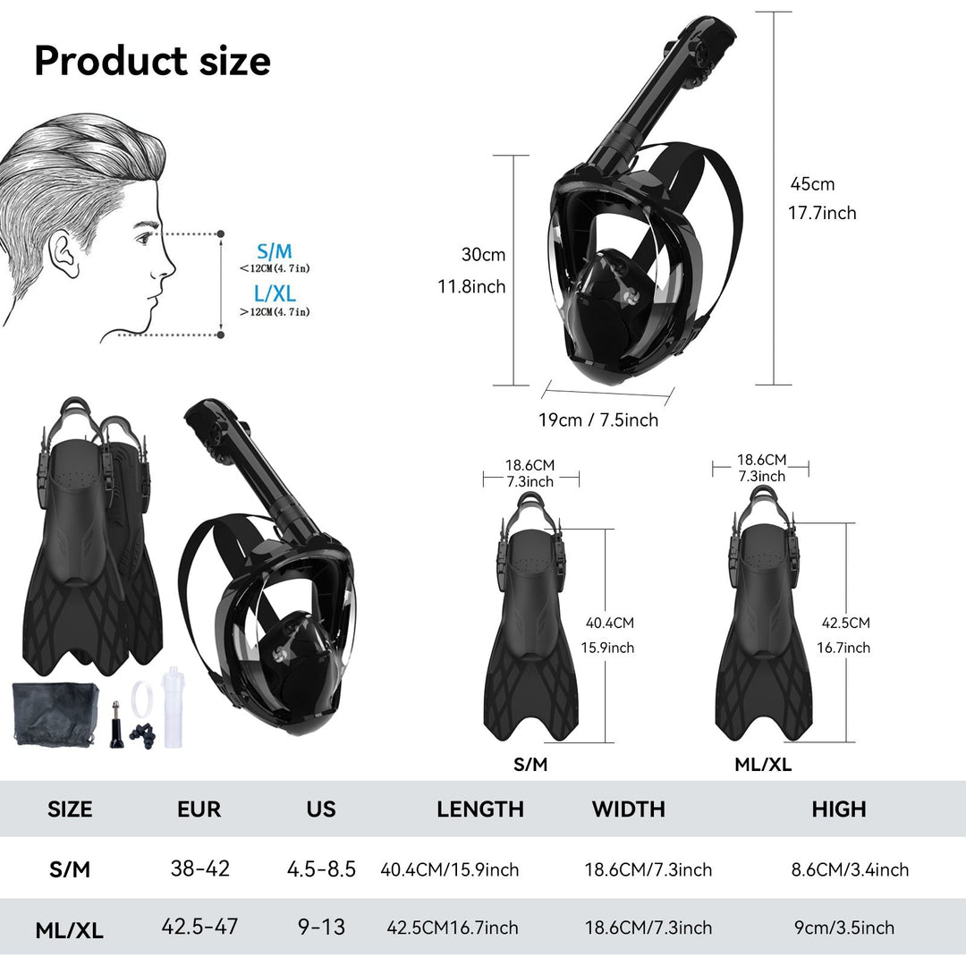 Snorkeling equipment with highly flexible fins and full face mask Kalsten