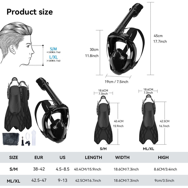 Snorkeling equipment with highly flexible fins and full face mask Kalsten