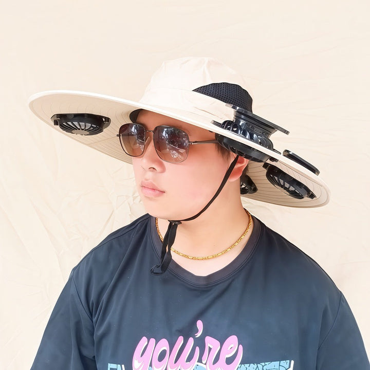 Wide-brimmed sun hat with detachable swivel solar fans and adjustable chin strap Kalsten