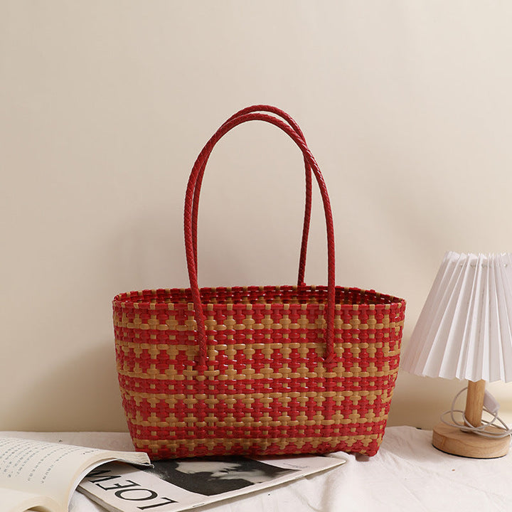 Braided straw bag with color-contrasting stripes Kalsten