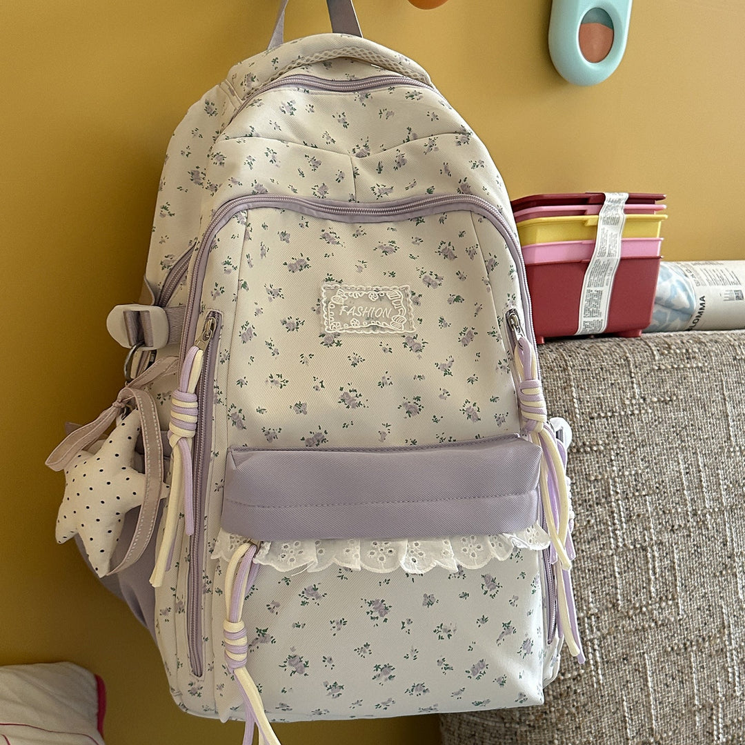 Elegant Floral-Print Multi-Compartment School Backpack