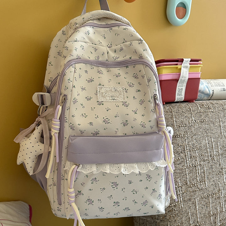Elegant Floral-Print Multi-Compartment School Backpack