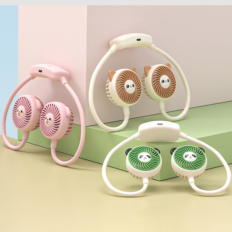 Unisex portable USB neck fan with two animal-shaped fan heads, flexible neckband, rechargeable Kalsten