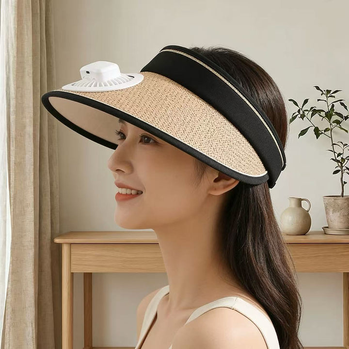 Air-cooled straw hat with detachable battery fan and elastic headband Kalsten