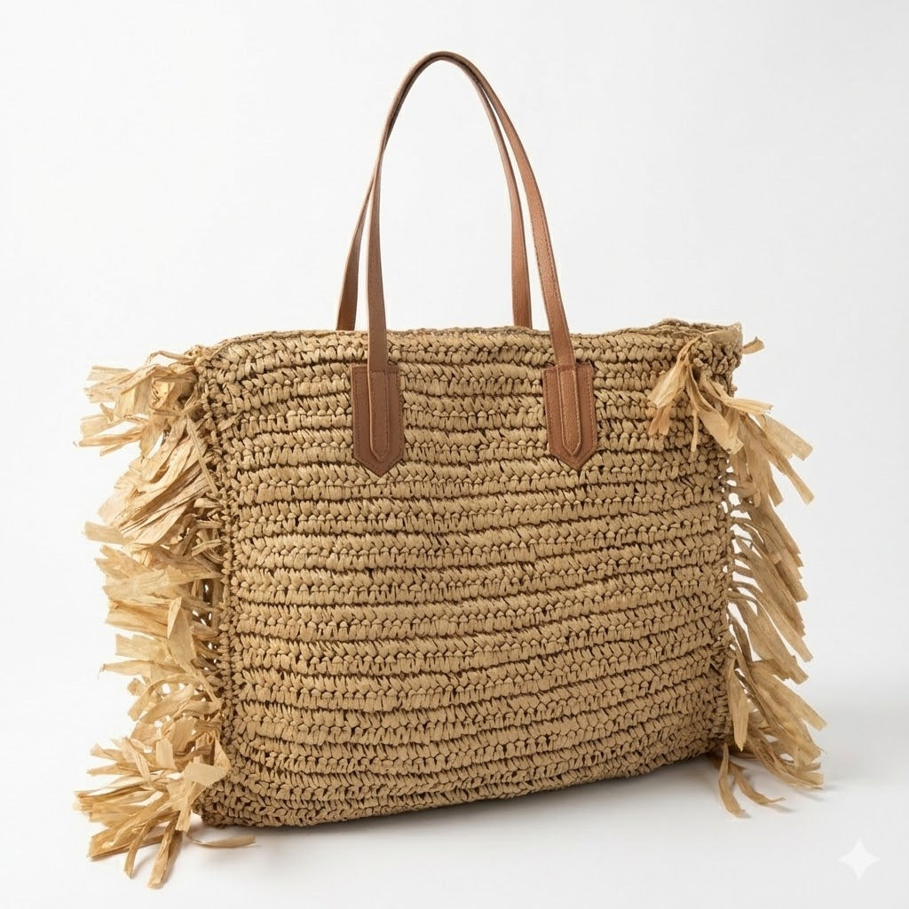 Beach bag with fringed design and sturdy leather handles Kalsten