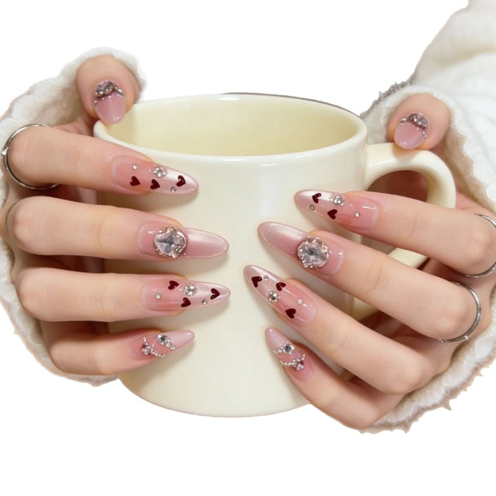 Decorative Press-On Nail Art with Heart and Gem Accents Kalsten