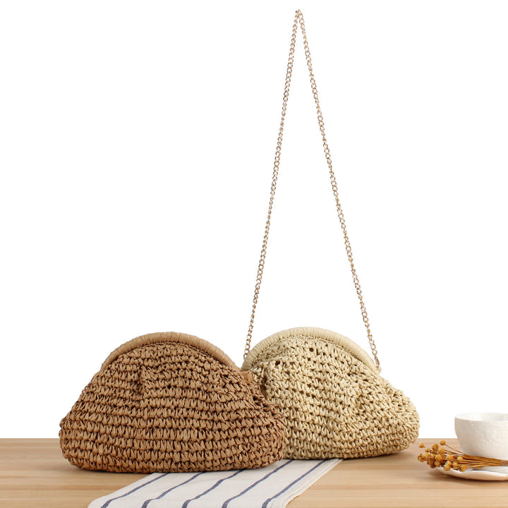 Shoulder bag made from handcrafted natural fibers with elegant chain decoration Kalsten