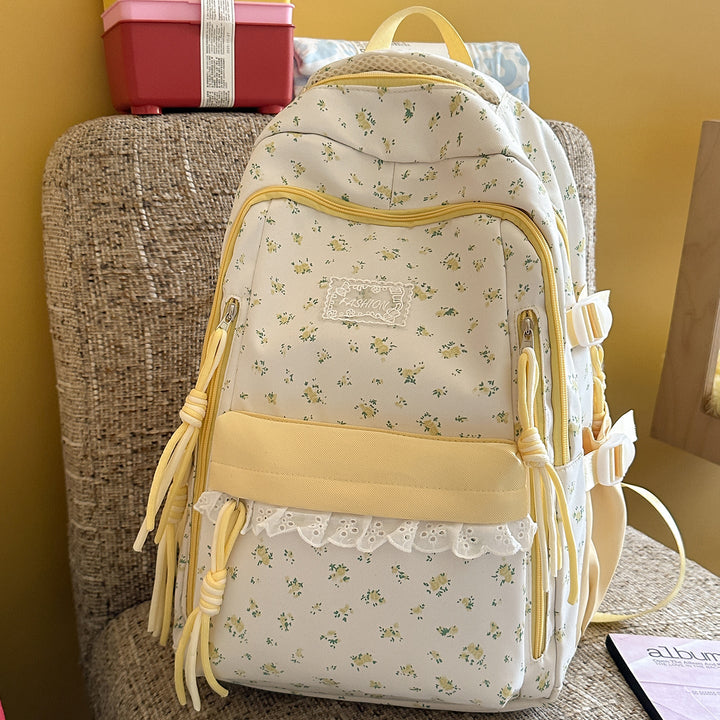 Elegant Floral-Print Multi-Compartment School Backpack