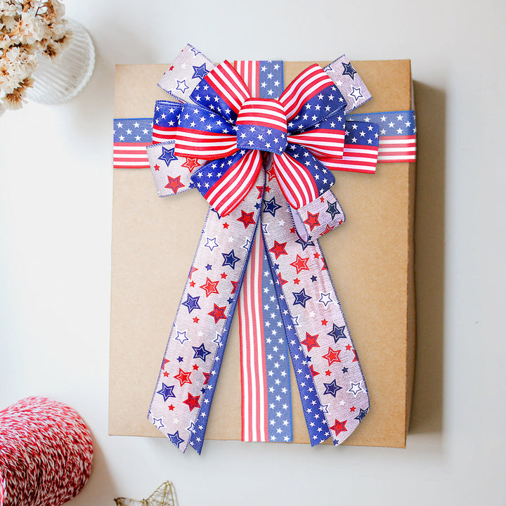 Unisex nan patriotic USA star and stripe ribbon bow set with wired tails and clip attachment Kalsten