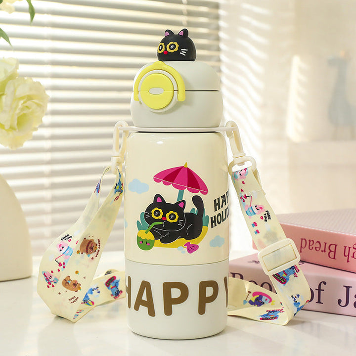 Women's insulated drink bottle with practical carrying strap and cute cat design Kalsten