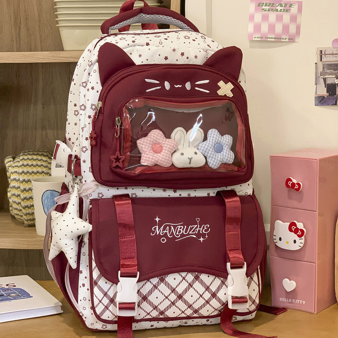 Cute Cat-Themed Multi-Compartment School Backpack