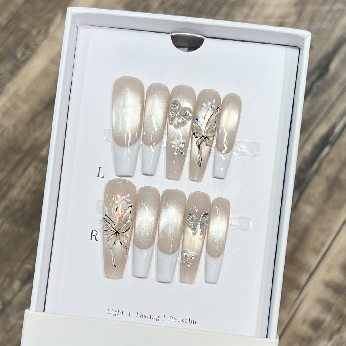 Elegant Press-On Nail Art Set with Butterfly and Jewel Accents Acalora
