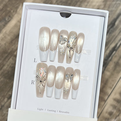 Elegant Press-On Nail Art Set with Butterfly and Jewel Accents Acalora