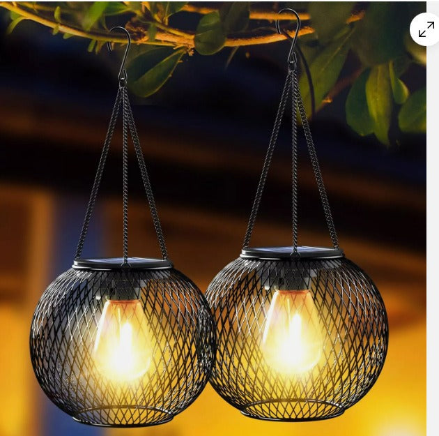 Solar Hanging Outdoor Lanterns With Vintage-Style LED Filament Bulb And Metal Cage Waterproof Suspension Kalsten