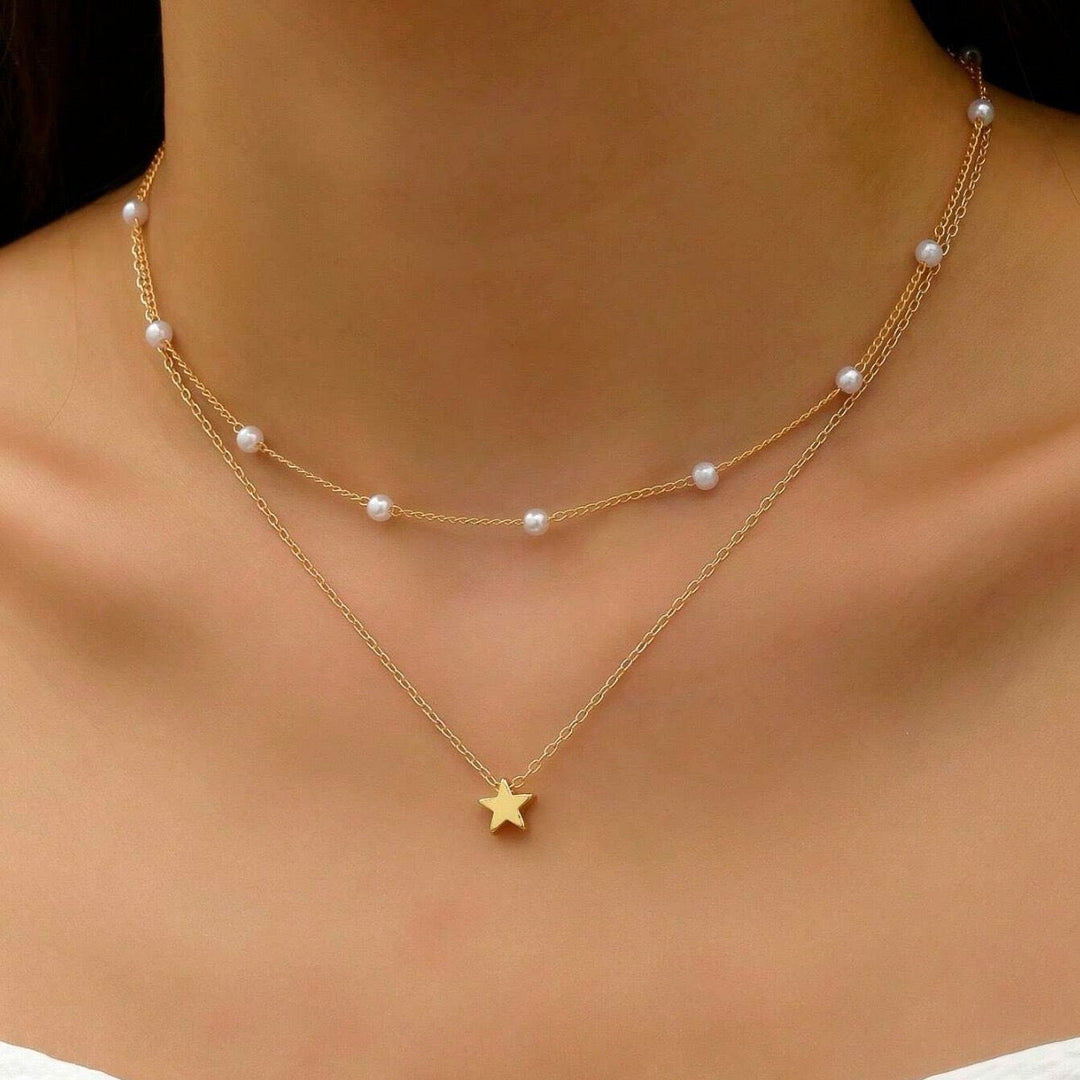 Layered Pearl and Star Charm Necklace Kalsten
