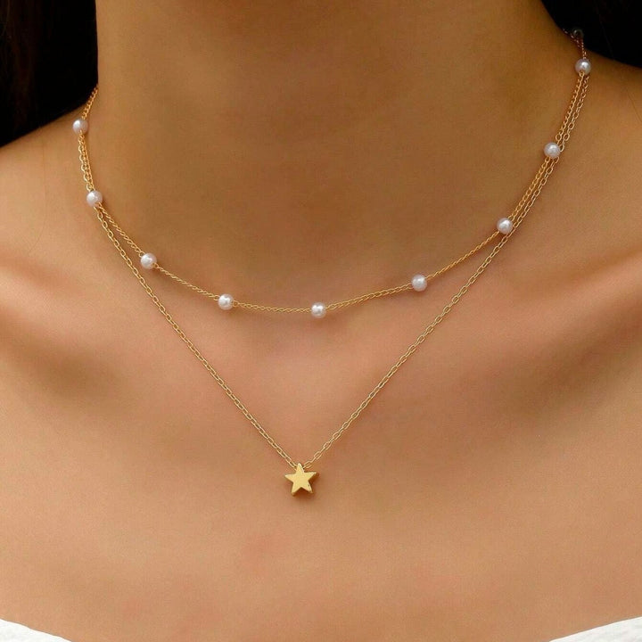 Layered Pearl and Star Charm Necklace Kalsten