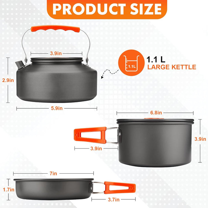 lightweight nonstick anodized aluminum camping cookware set with folding-handle pot and kettle, collapsible silicone cups, stainless plates and cutlery Kalsten