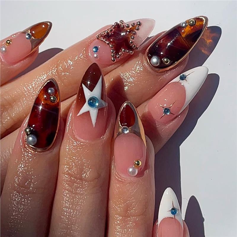Decorative Stiletto Press-On Nails with Gemstone Accents Acalora