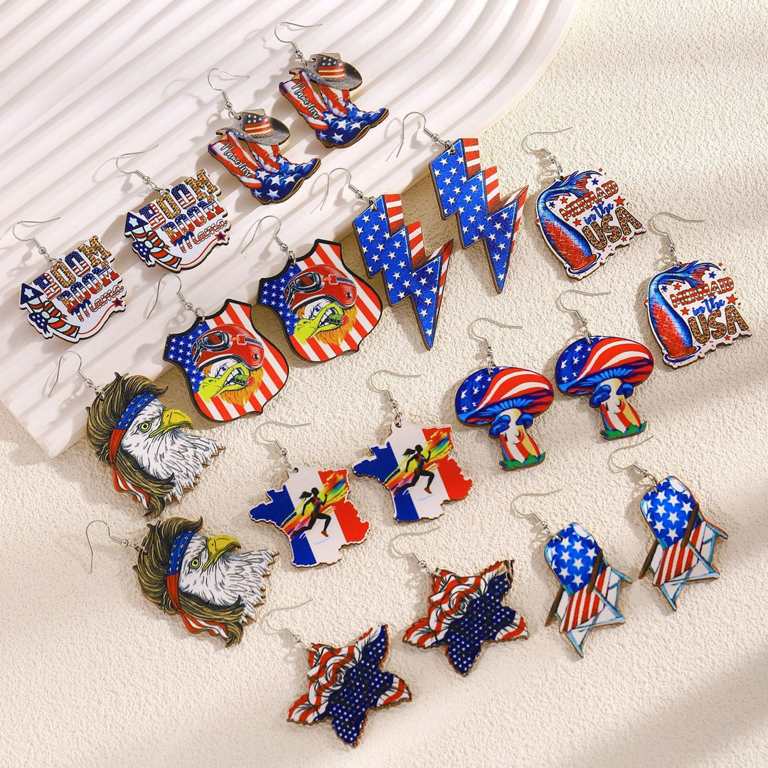 Women's nan patriotic novelty dangle hook earrings with laser-printed wooden fireworks charm Kalsten