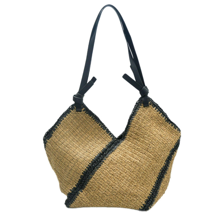 Braided Natural Material Handbag with Black Drawstring Kalsten