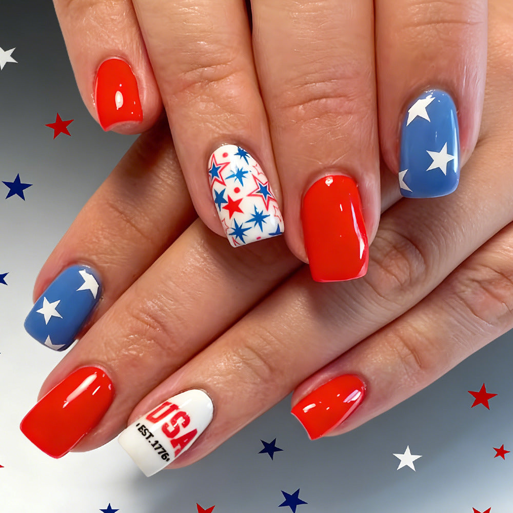 Women's nan patriotic press-on gel nail kit with star decals and USA lettering Kalsten