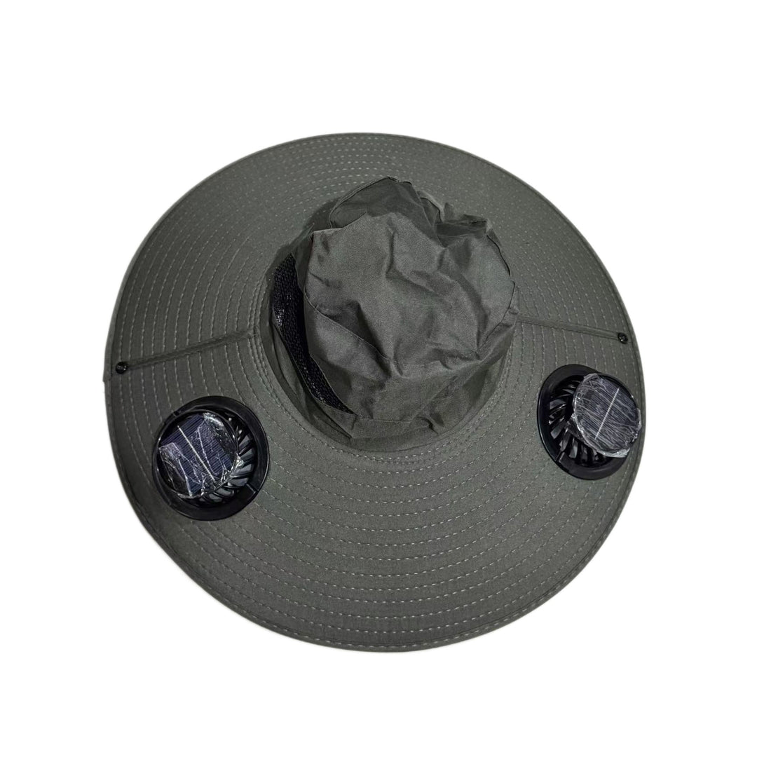 Ventilated sun hat with integrated battery fans, breathable mesh inserts, and adjustable chin strap Kalsten