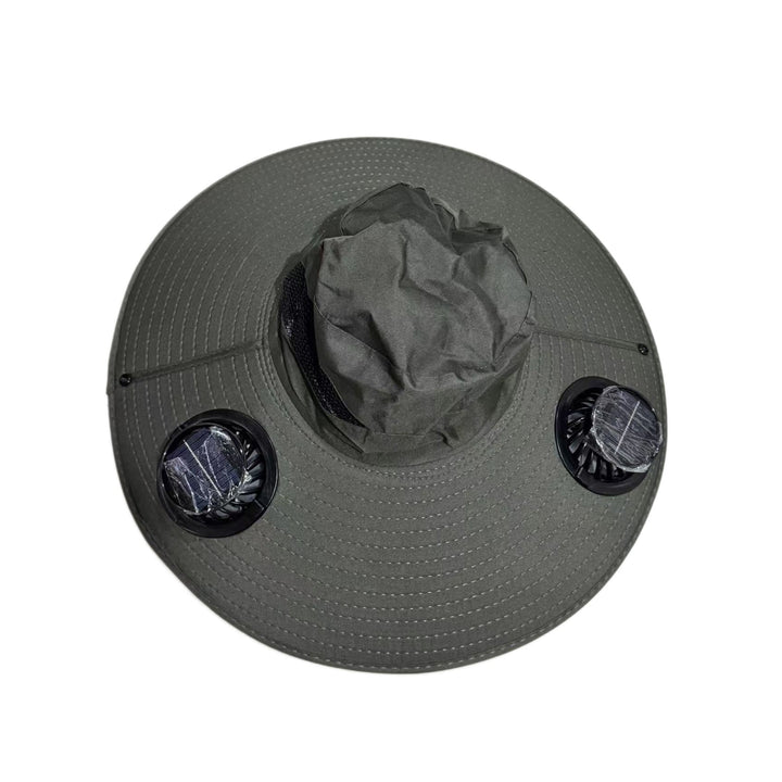 Ventilated sun hat with integrated battery fans, breathable mesh inserts, and adjustable chin strap Kalsten