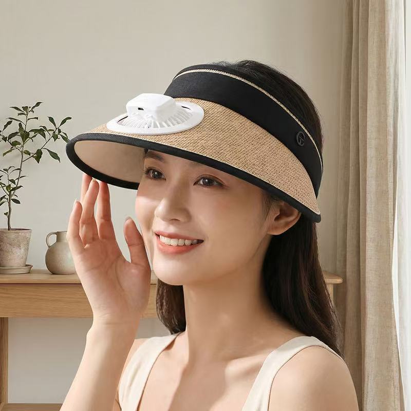 Air-cooled straw hat with detachable battery fan and elastic headband Kalsten