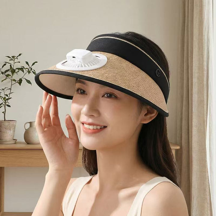 Air-cooled straw hat with detachable battery fan and elastic headband Kalsten
