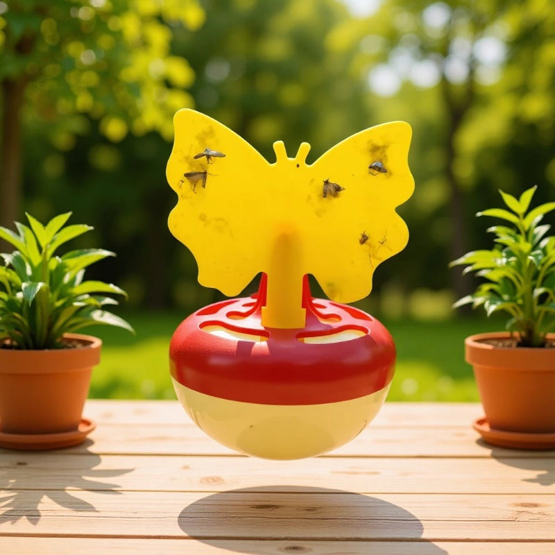 Butterfly-shaped sticky insect trap with refillable liquid reservoir and reusable base Kalsten
