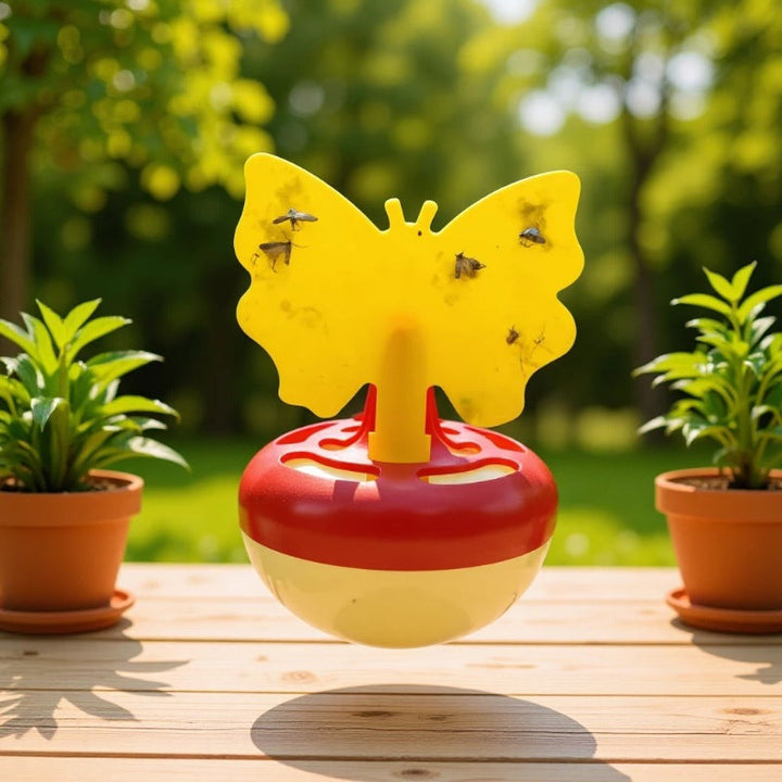 Butterfly-shaped sticky insect trap with refillable liquid reservoir and reusable base Kalsten