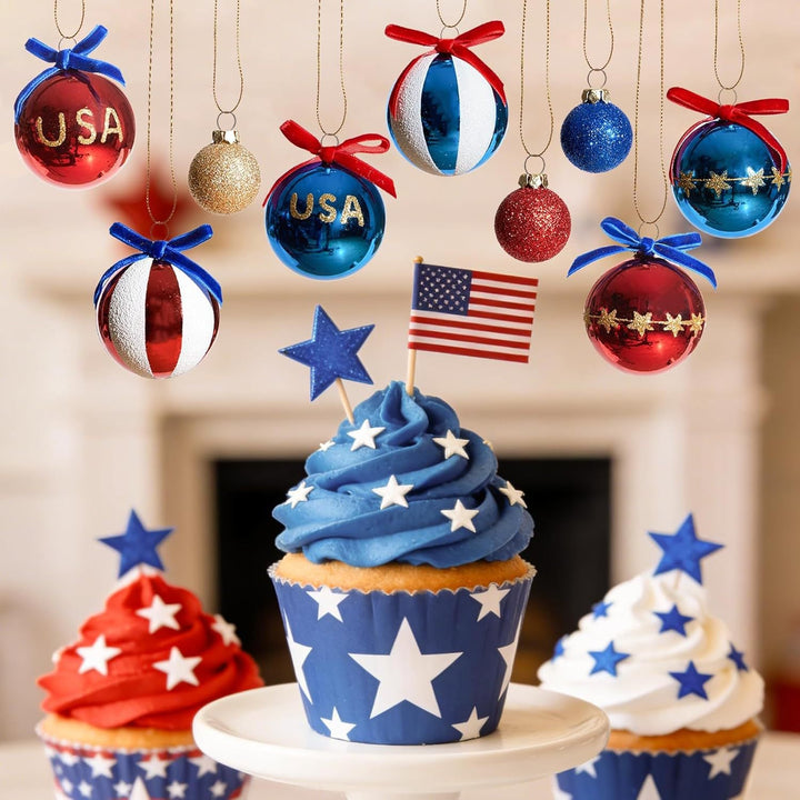 Unisex nan patriotic Christmas ball set with glitter and mirror surfaces as well as bow suspension Kalsten