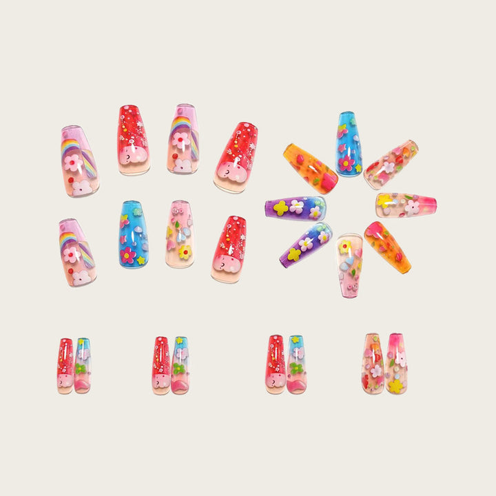Artificial nails with colorful floral designs and 3D details Kalsten