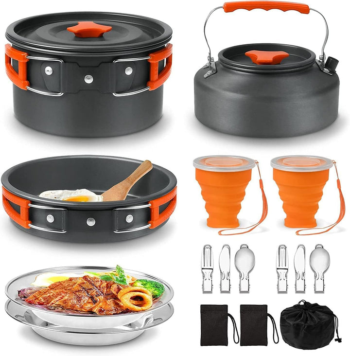 lightweight nonstick anodized aluminum camping cookware set with folding-handle pot and kettle, collapsible silicone cups, stainless plates and cutlery Kalsten