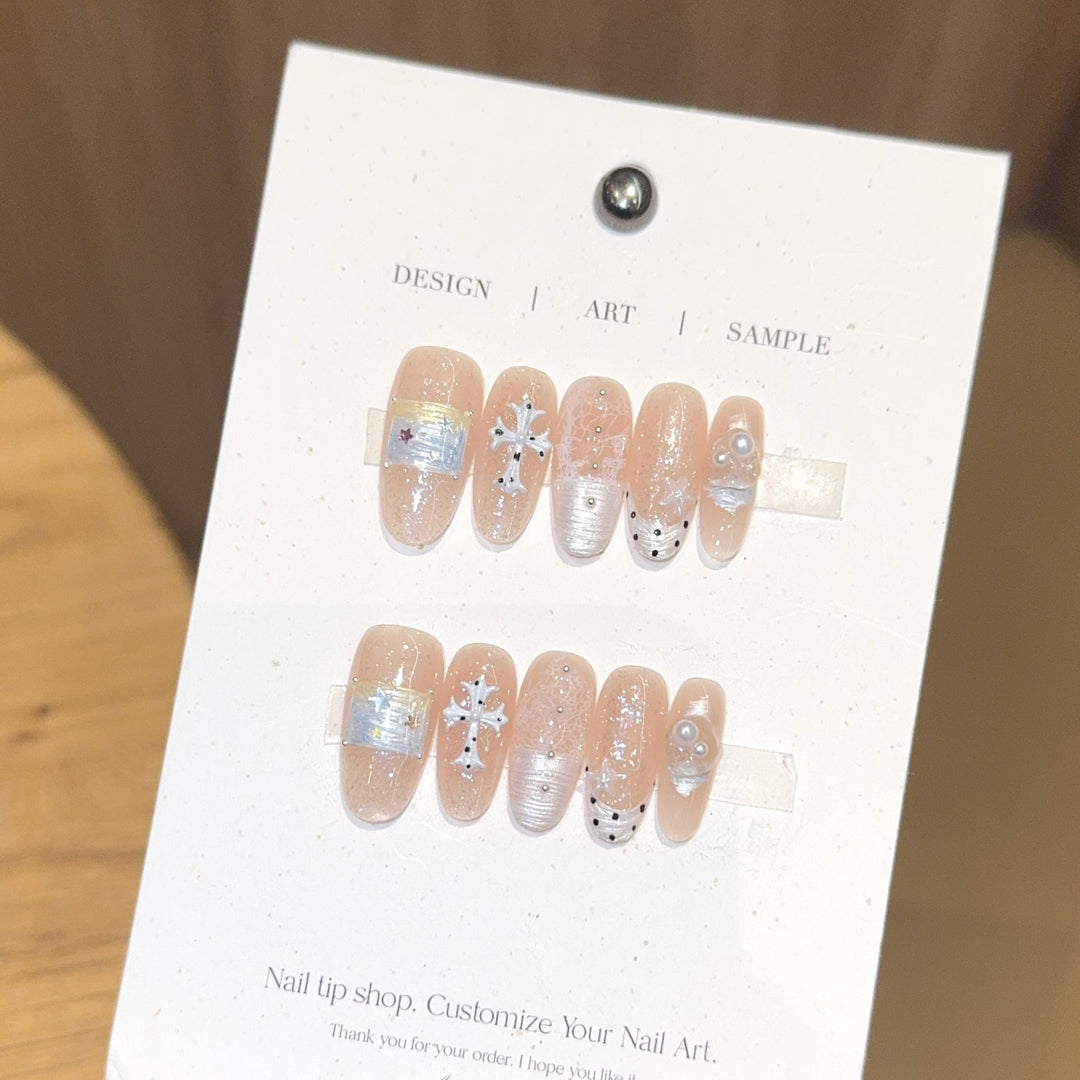 Acrylic Nail Set with Dreamy Glitter and Pearl Designs Kalsten