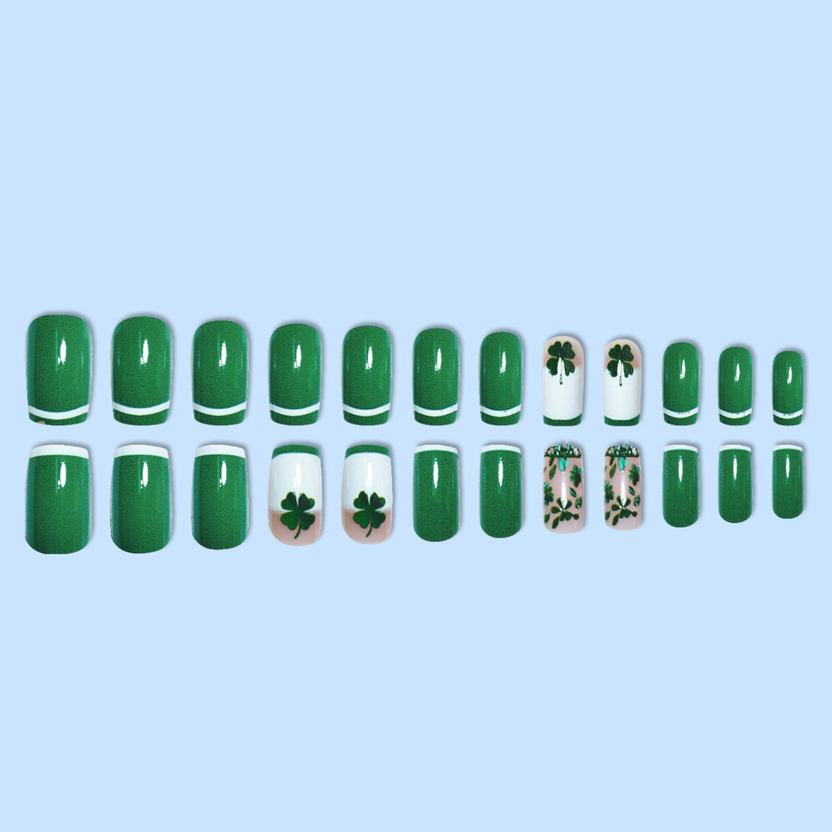 Glamorous Press-On Nail Art Set with Clover Motif Acalora