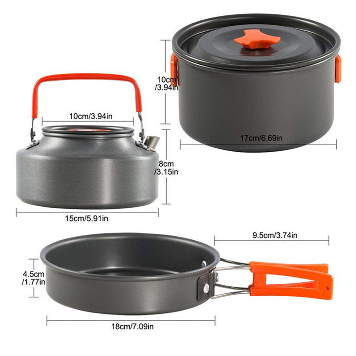 lightweight non-stick nesting camping cookware set with folding handles compact kettle pot pan and folding cutlery Kalsten