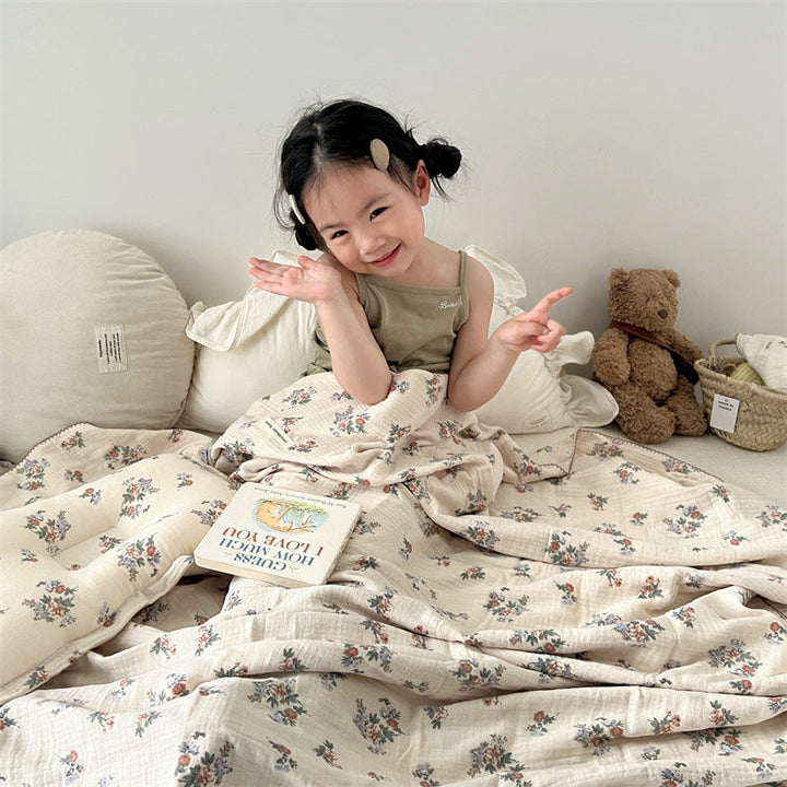 Unisex Cotton Muslin Blanket with Floral Design and Ruffle Details Kalsten