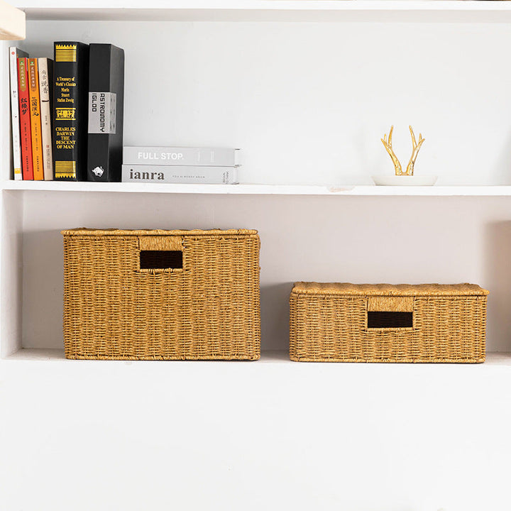 Women's Rectangular Storage Basket with Lid made of Natural Material Kalsten
