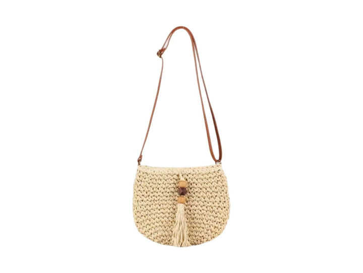 Handwoven shoulder bag with tassels and wooden details Kalsten