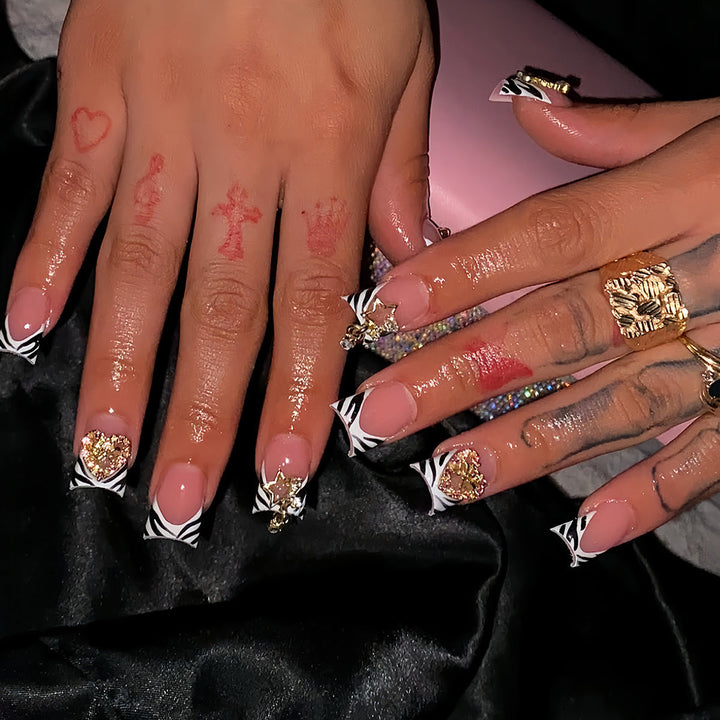 Decorative Rhinestone and Zebra Pattern Press-On Nails Kalsten