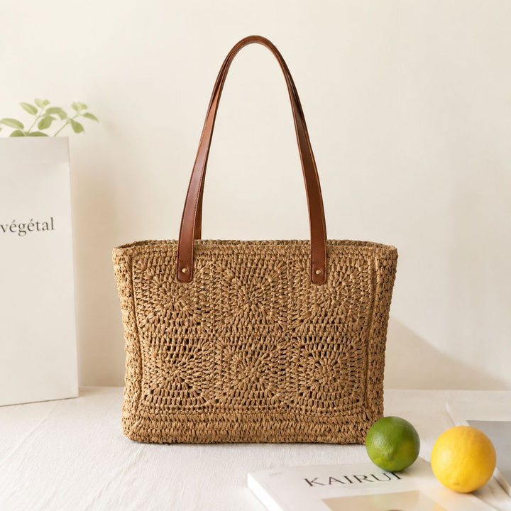 Handbag Made of Natural Rattan with Elegant Leather Handles Kalsten
