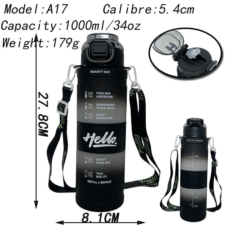 Women's motivation water bottle with time display and shoulder strap Kalsten