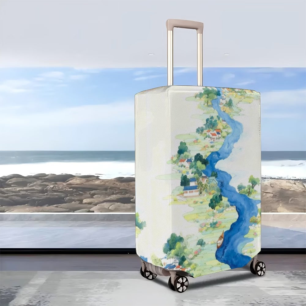 Unisex nan elastic suitcase cover with detailed river and village illustration print, tear-resistant stretch protection for hard shell and fabric trolley Kalsten