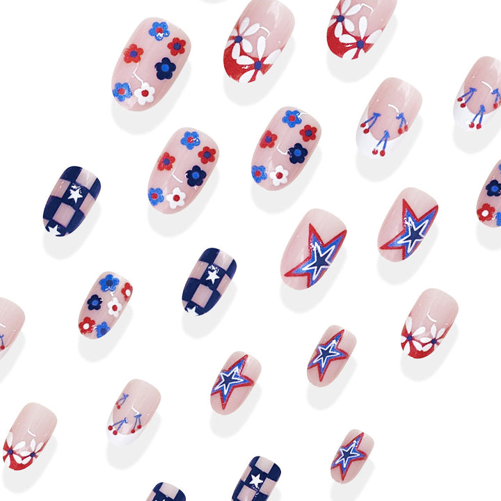 Women's nan patriotic star and floral press-on nail kit with mixed shapes and glossy finish Kalsten