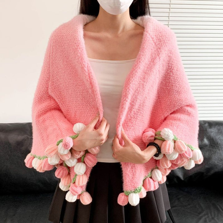 Poncho with Colorful Pom Pom Trim Kalsten
