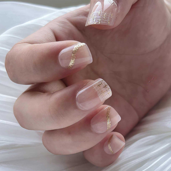 Elegant Press-On Nail Set with Gold Accent and Glitter Design Kalsten